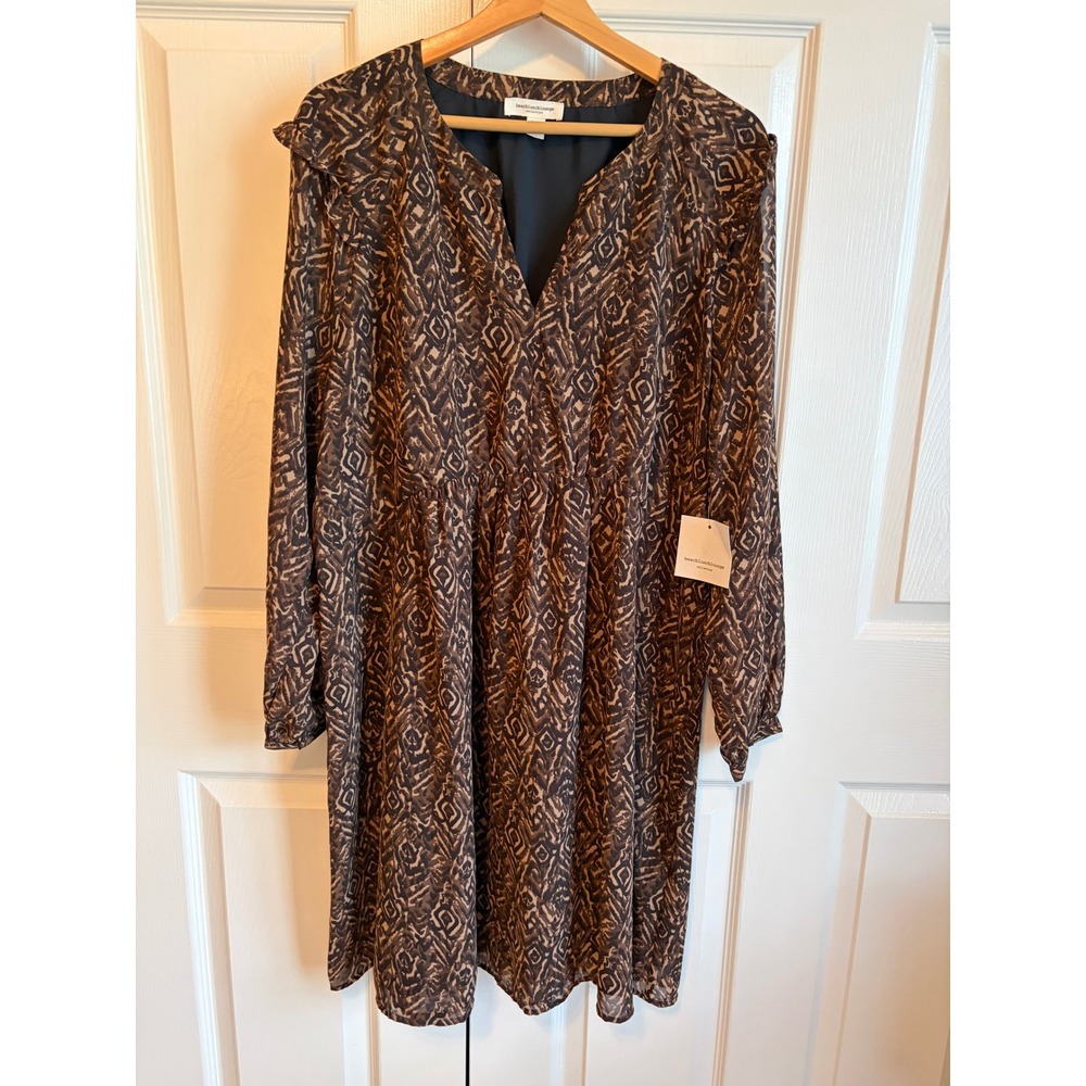 Beachlunchlounge Brown Ikat Chiffon V-Neck Midi Dress XL NWT WPD4669